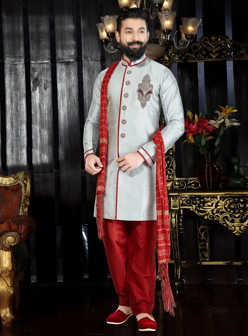 Grey Jacquard Readymade Kurta Pajama 97488