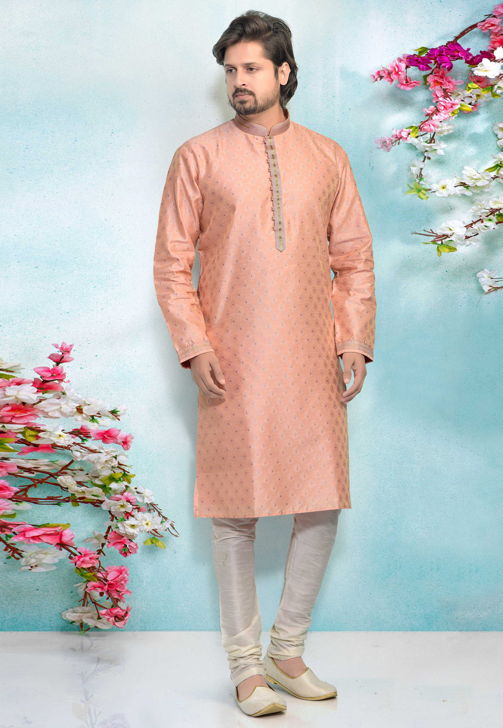 Peach Jacquard Silk Kurta Pajama 220299