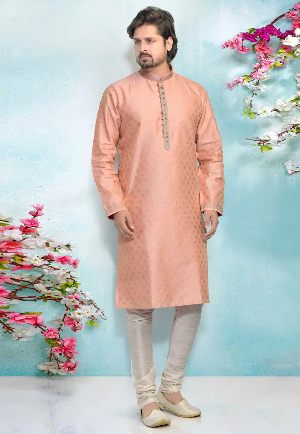 Peach Jacquard Silk Kurta Pajama 220299