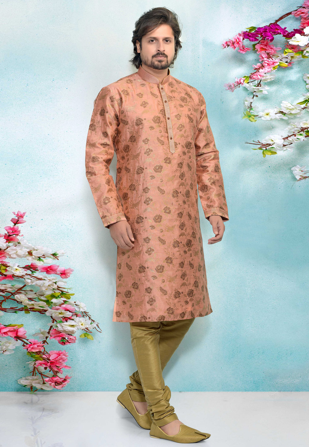 Peach Jacquard Silk Kurta Pajama 220304