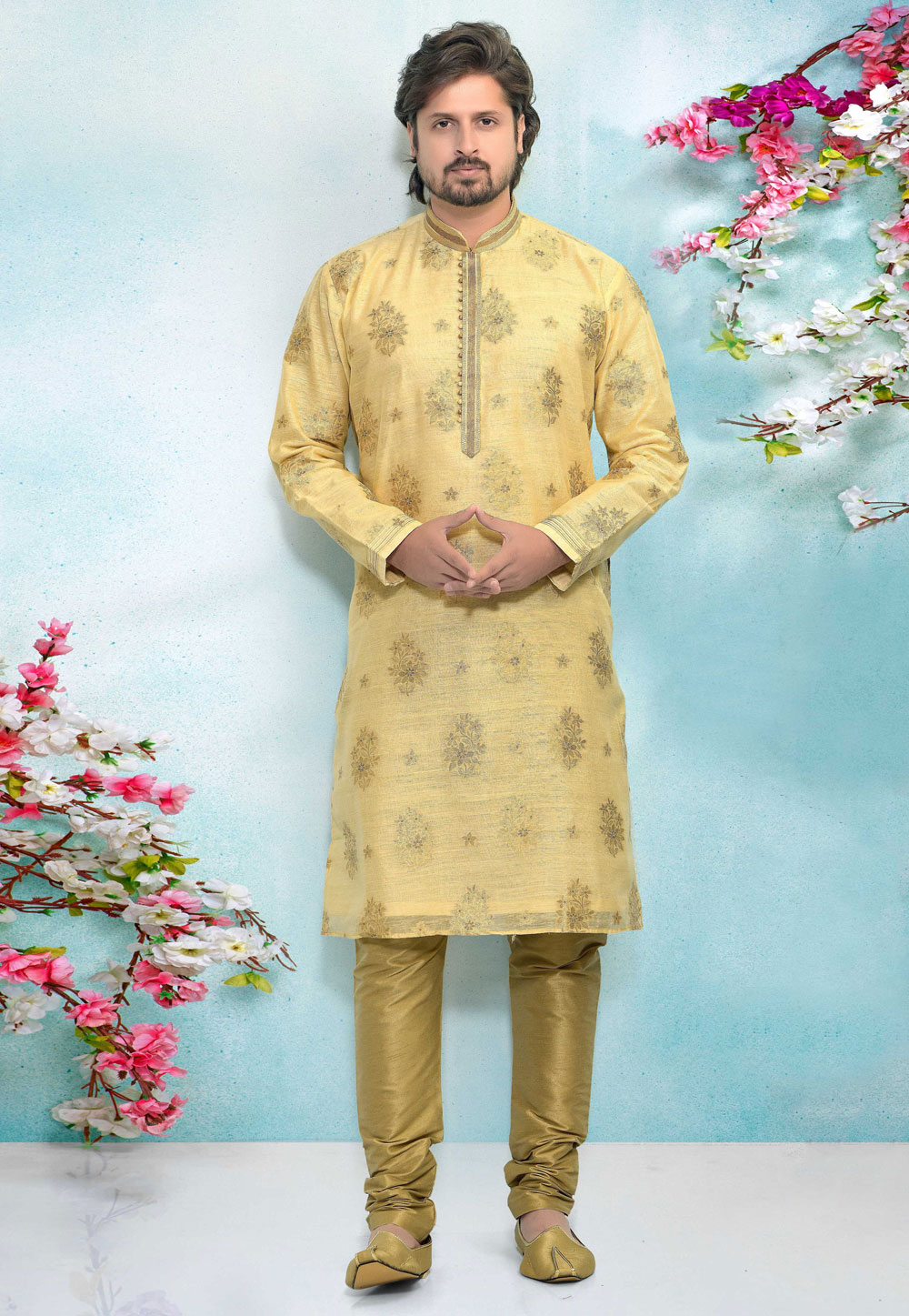 Light Yellow Jacquard Silk Kurta Pajama 220310