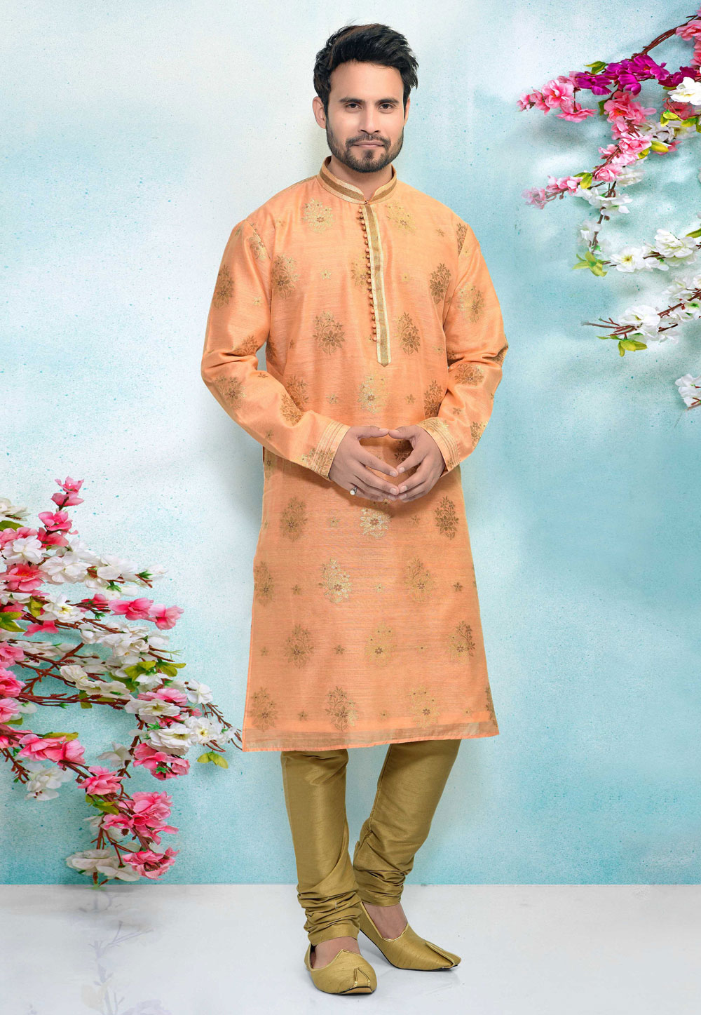 Peach Jacquard Silk Kurta Pajama 220311
