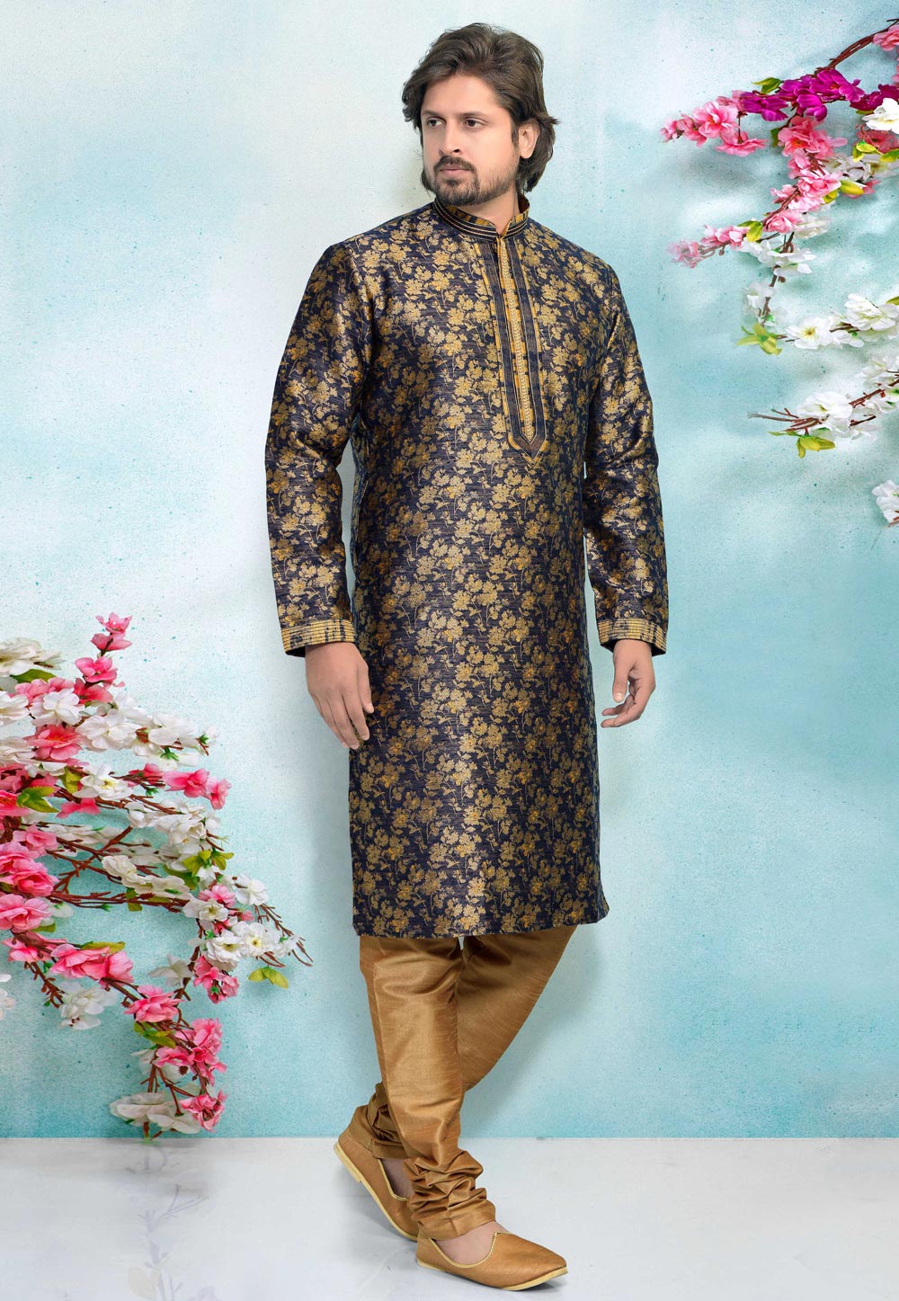 Navy Blue Jacquard Silk Kurta Pajama 220314