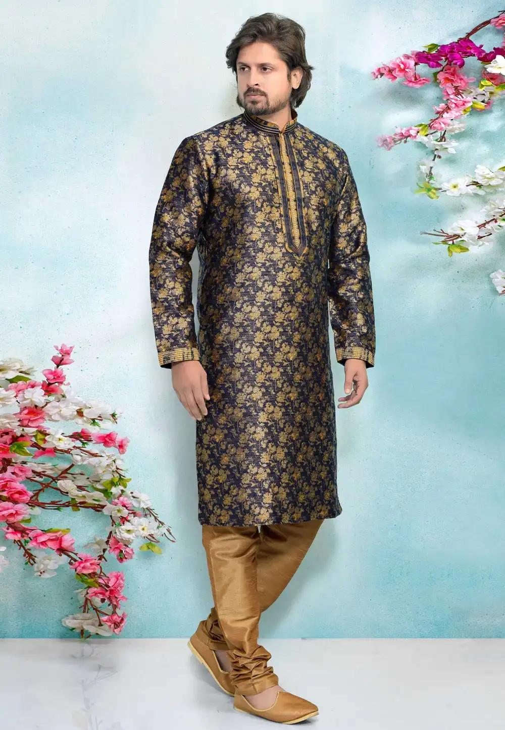 Navy Blue Jacquard Silk Kurta Pajama 220314