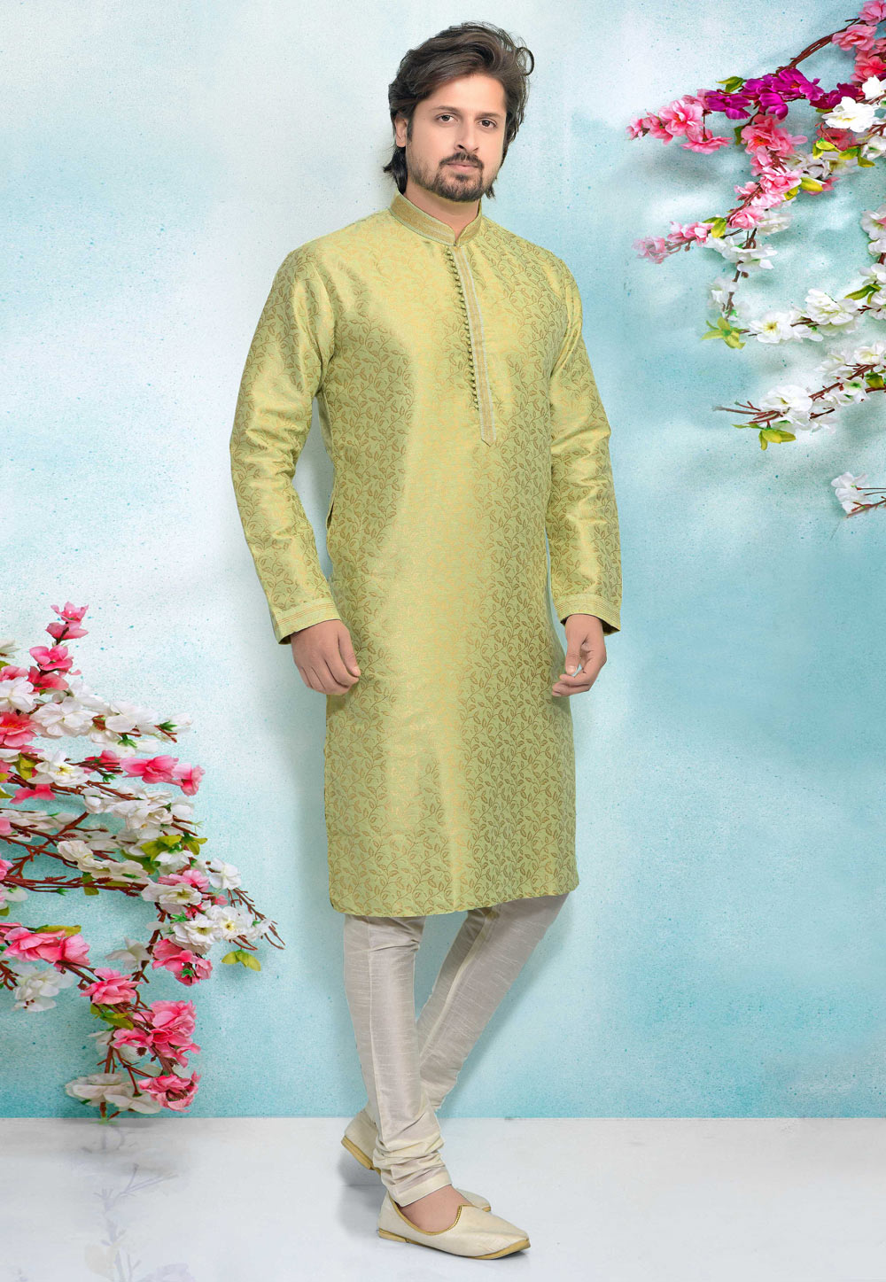 Pista Green Jacquard Silk Kurta Pajama 220316