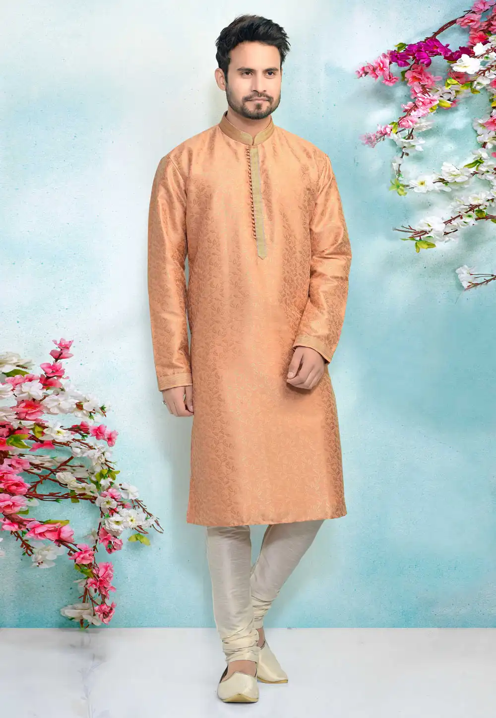 Peach Jacquard Silk Kurta Pajama 220317