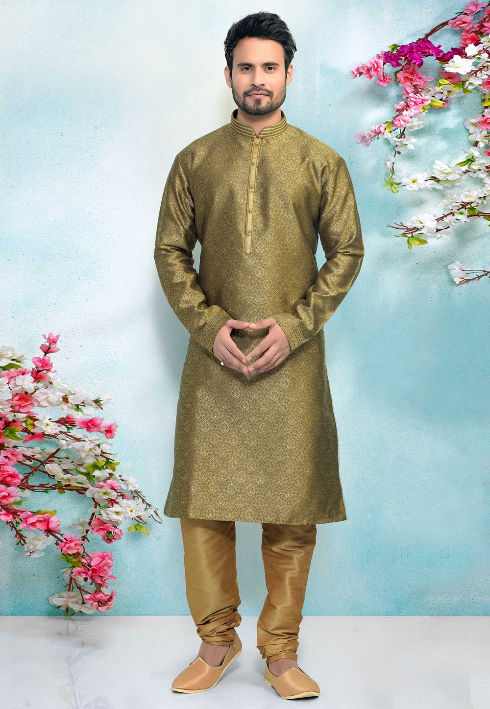 Mehndi Jacquard Silk Kurta Pajama 220324