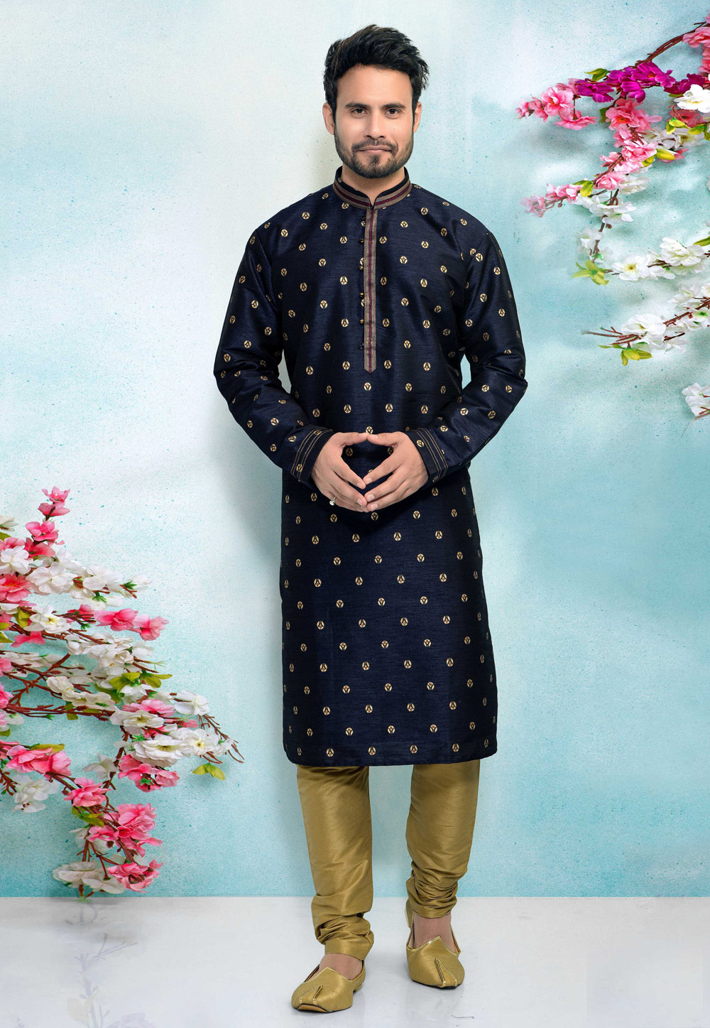 Navy Blue Jacquard Silk Kurta Pajama 220325
