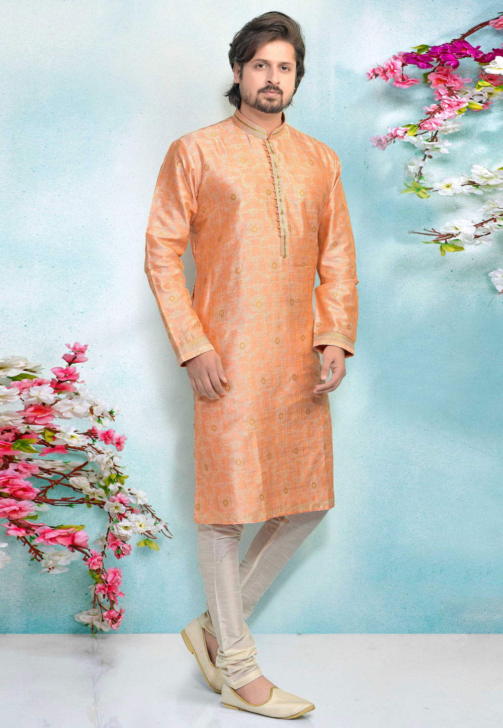 Peach Jacquard Silk Kurta Pajama 220335