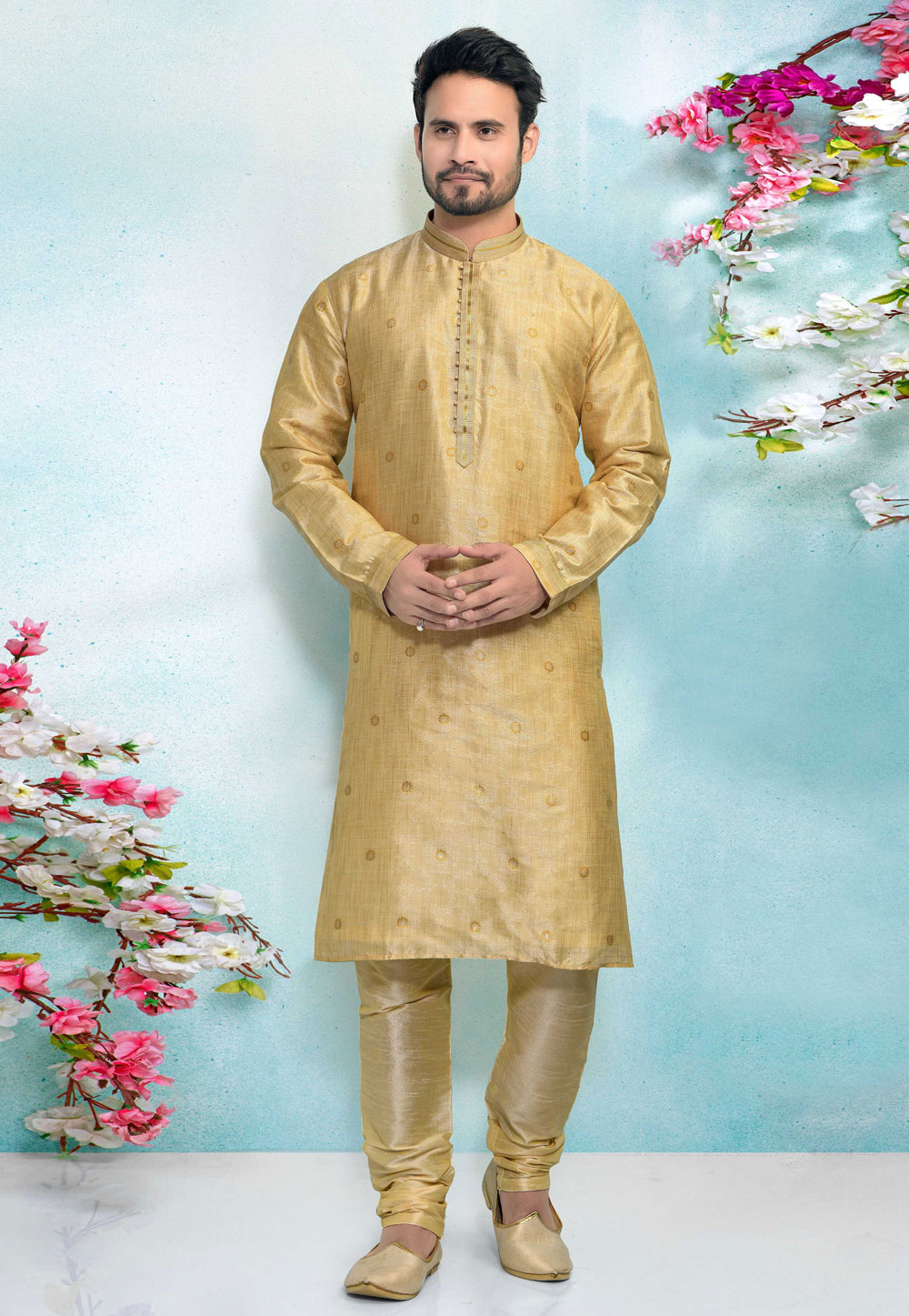 Beige Jacquard Silk Kurta Pajama 220336