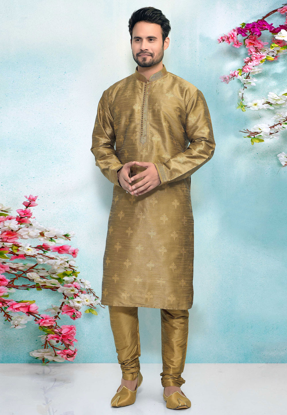 Golden Jacquard Silk Kurta Pajama 220340
