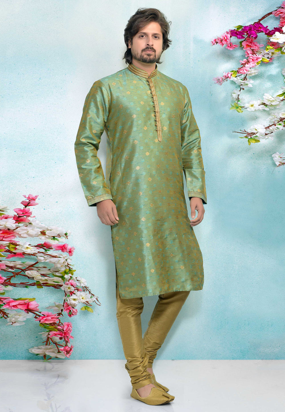 Sea Green Jacquard Silk Kurta Pajama 220342