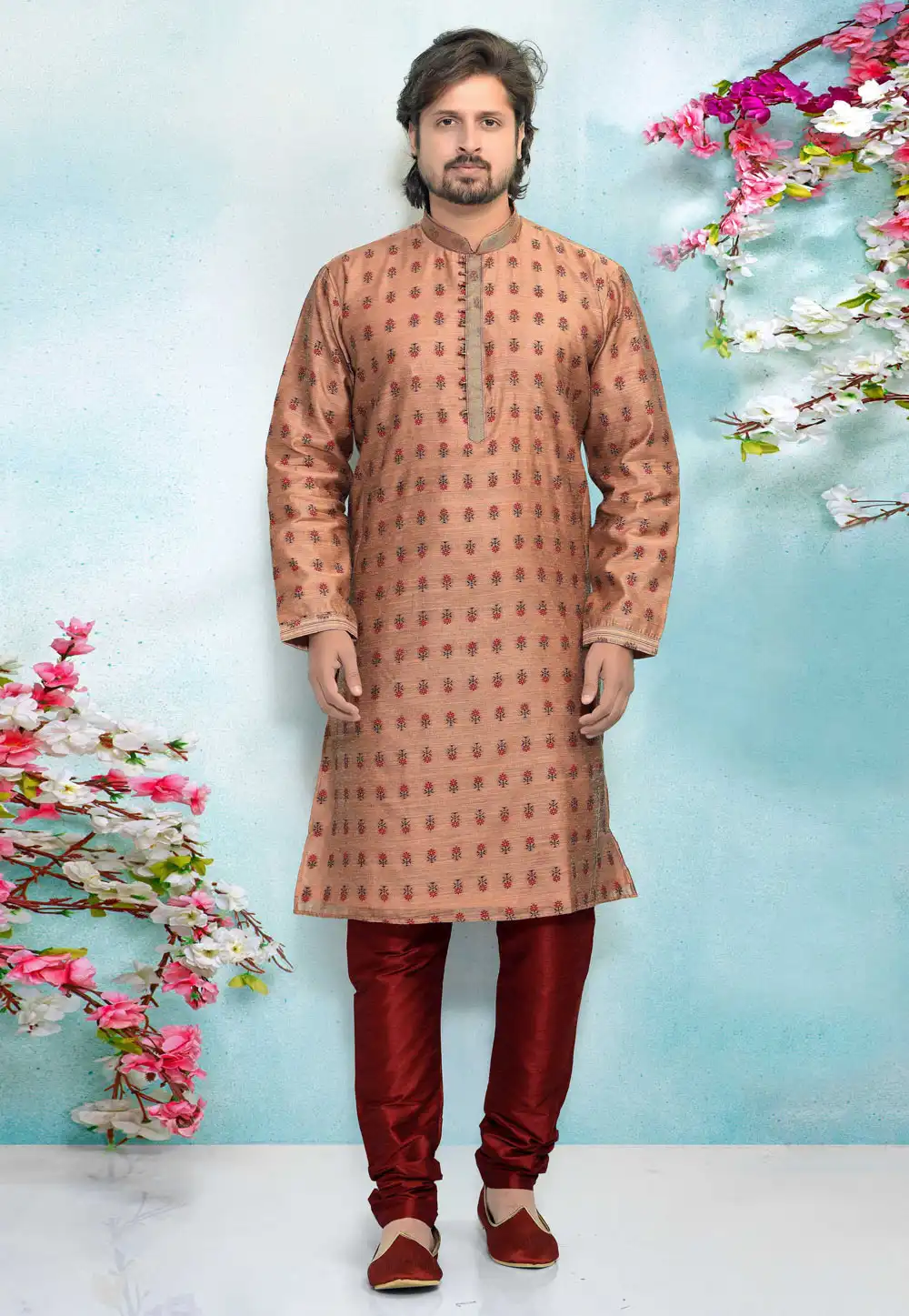 Peach Jacquard Silk Kurta Pajama 220348