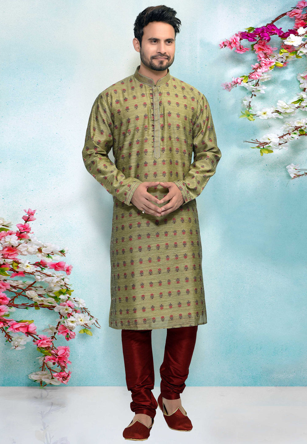 Green Jacquard Silk Kurta Pajama 220349