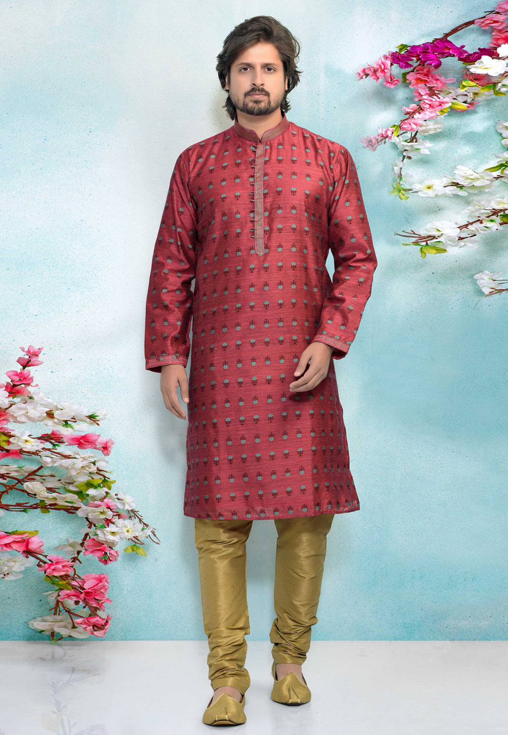 Pink Jacquard Silk Kurta Pajama 220350