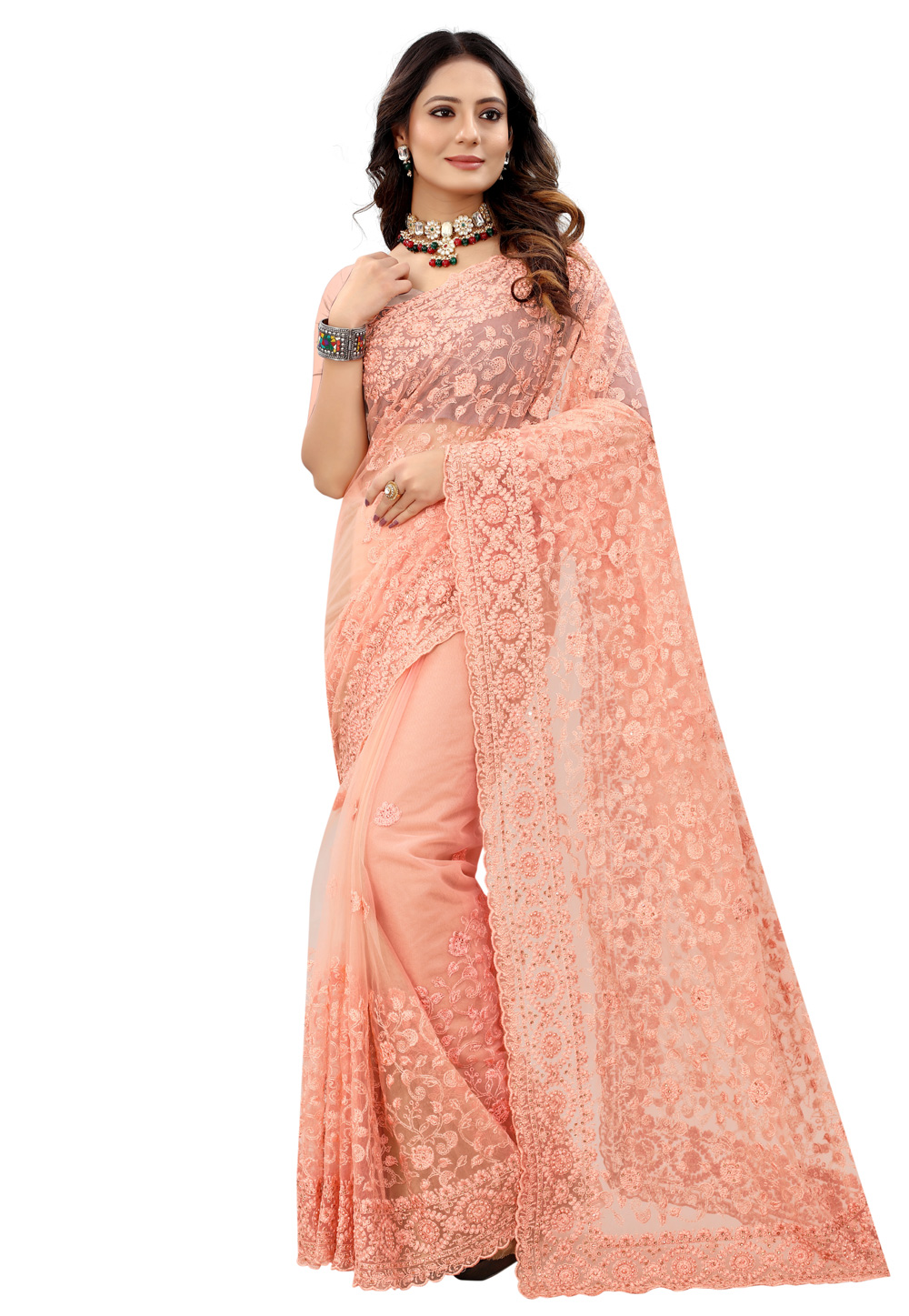 Peach Net Festival Wear Saree 239296