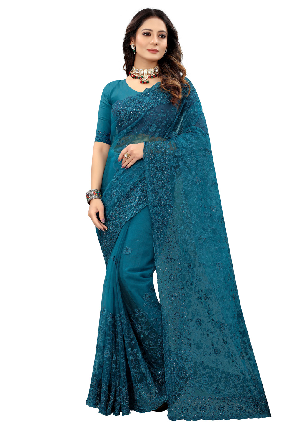 Teal Net Saree With Blouse 239297