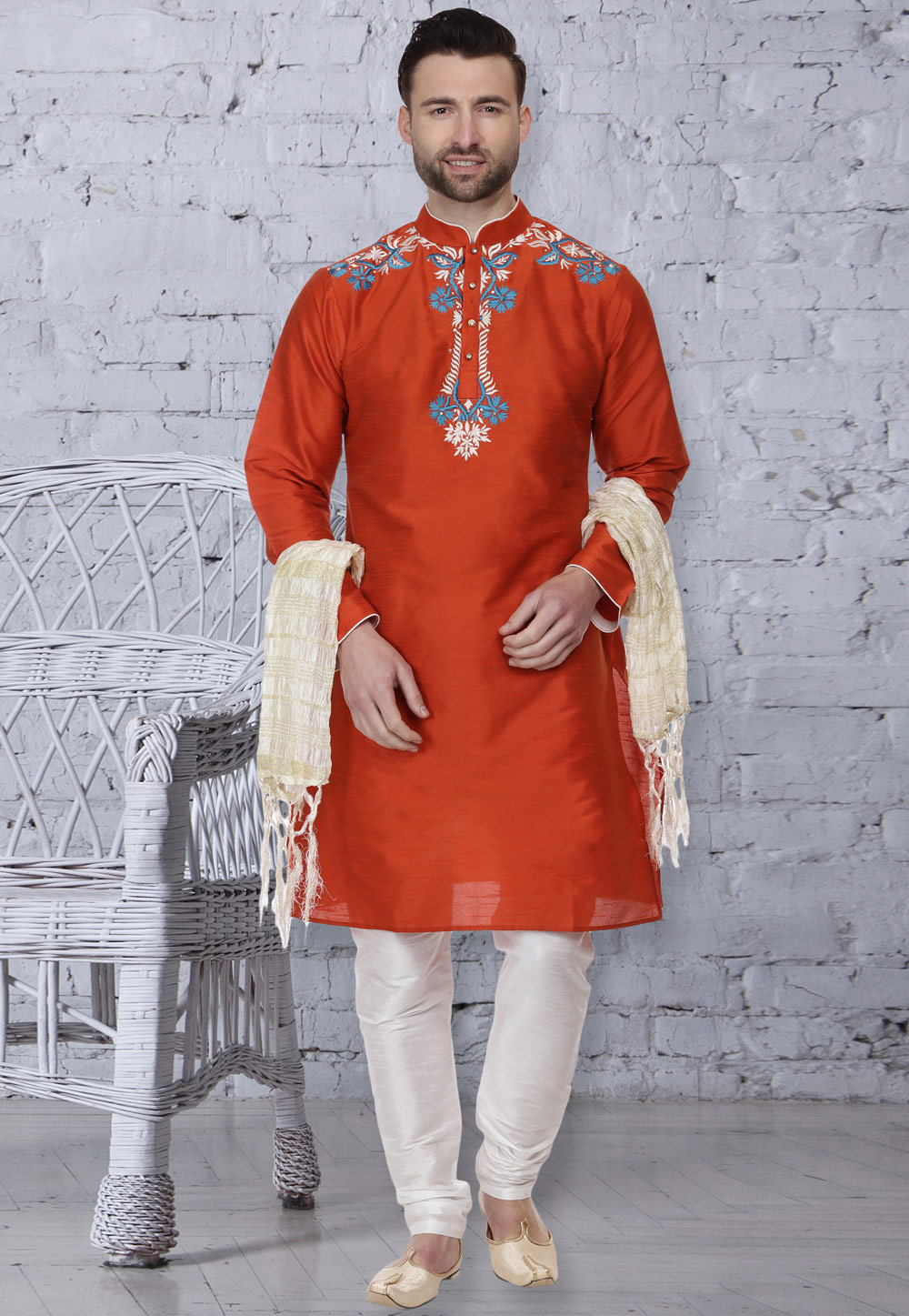 Orange Dupion Silk Readymade Kurta Pajama 160975