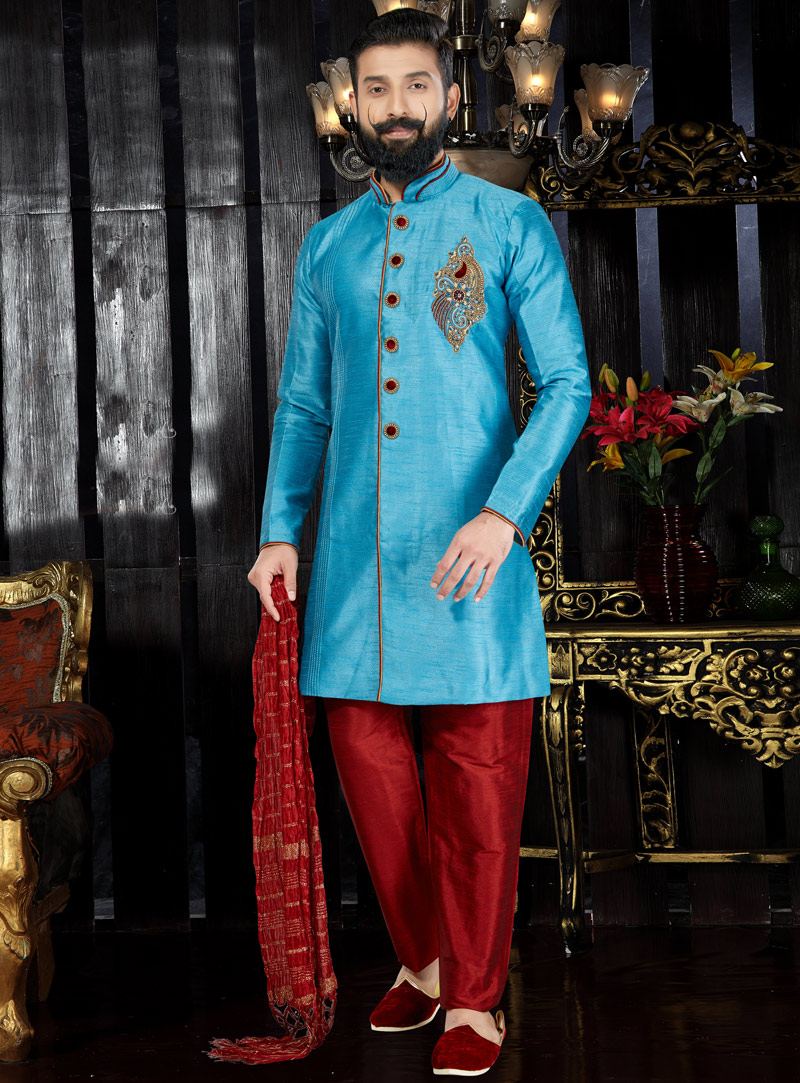 Blue Dupion Readymade Kurta Pajama 97489