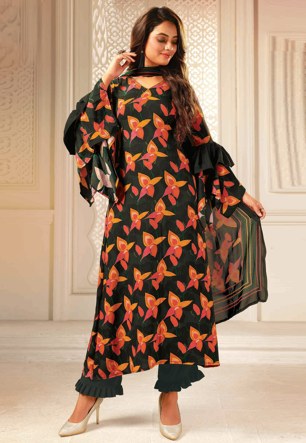 Dark Green Crepe Silk Palazzo Suit 221800