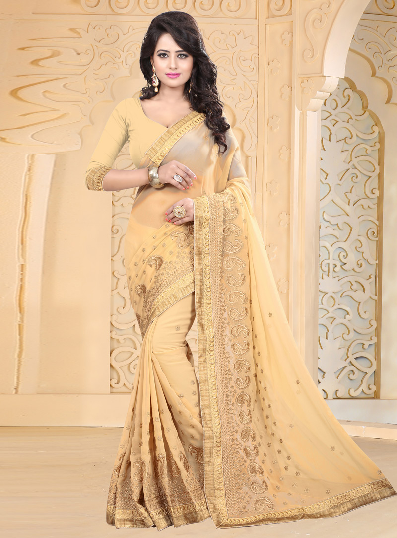Beige Georgette Patch Lace Work Saree 126282