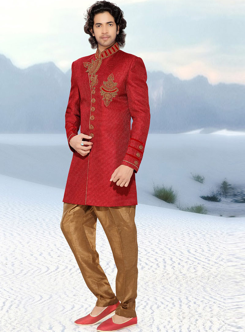 Red Banarasi Indo Western Sherwani 47926