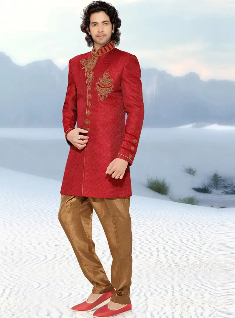 Red Banarasi Indo Western Sherwani 47926