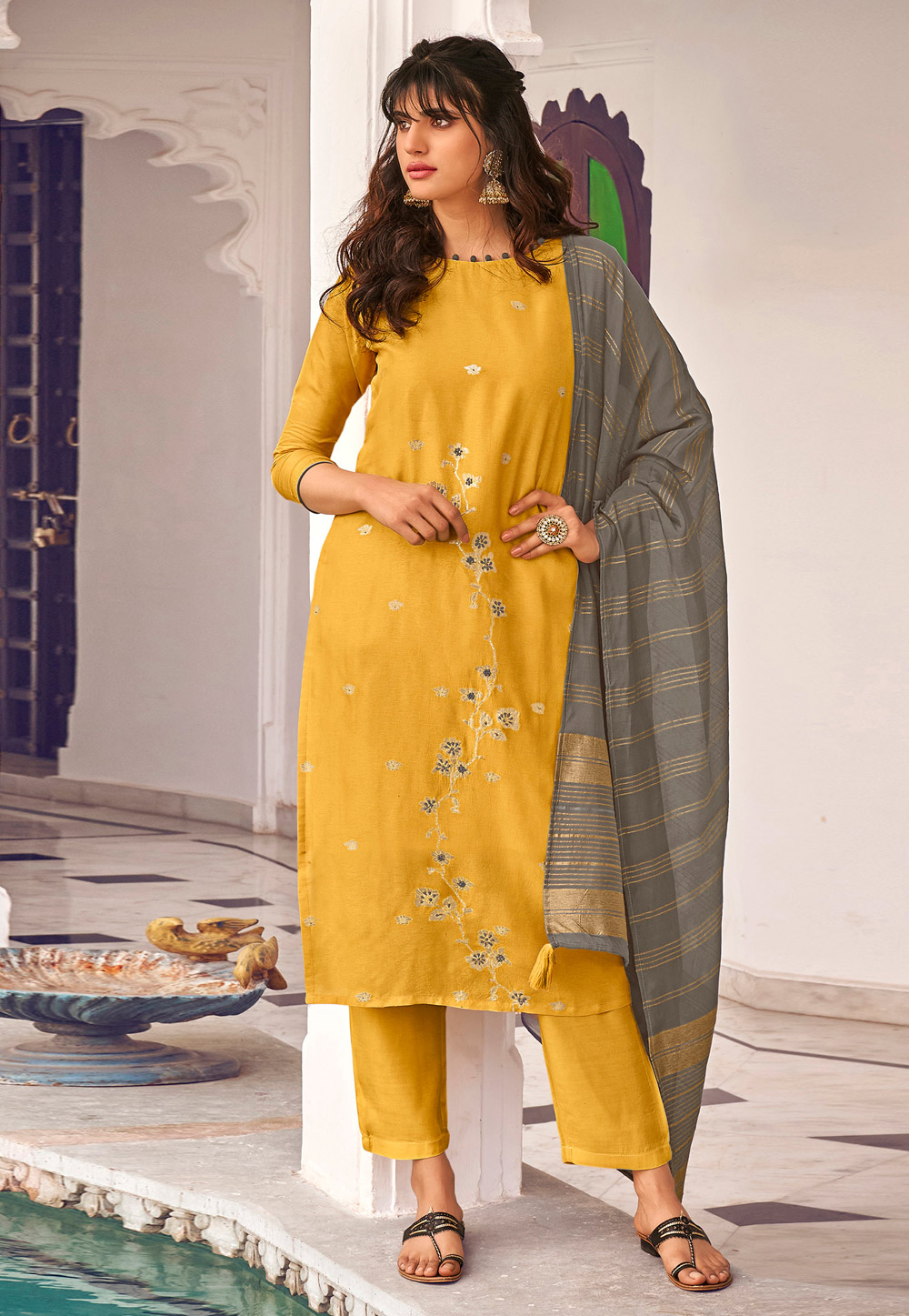 Yellow Viscose Silk Pant Style Suit 225066