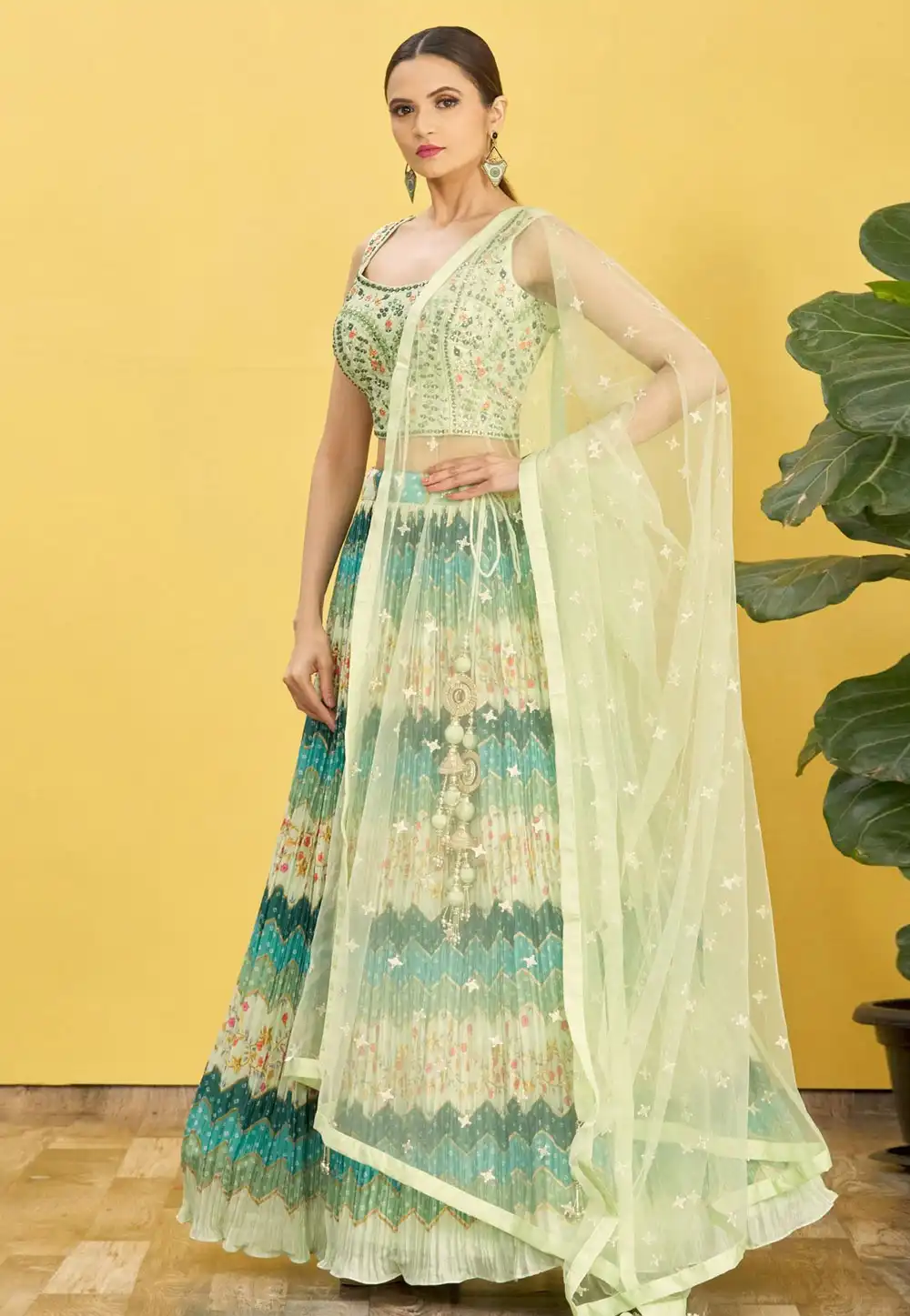 Green Chinon A Line Lehenga Choli 269540