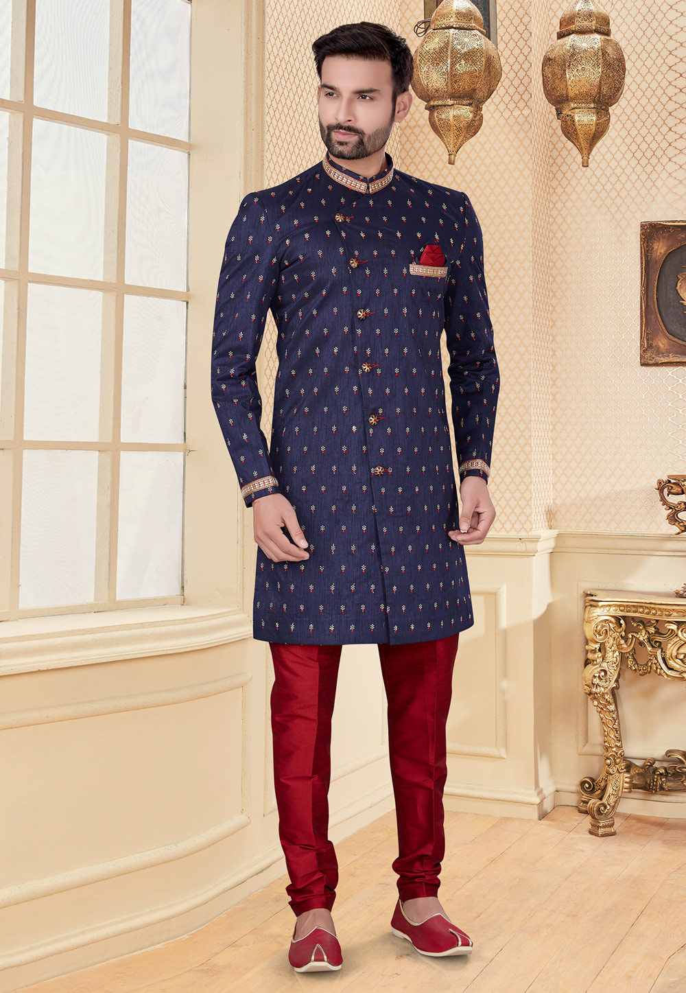 Navy Blue Jacquard Indo Western Suit 232035
