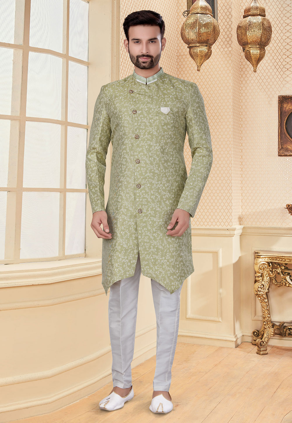 Light Green Jacquard Indo Western Suit 232037