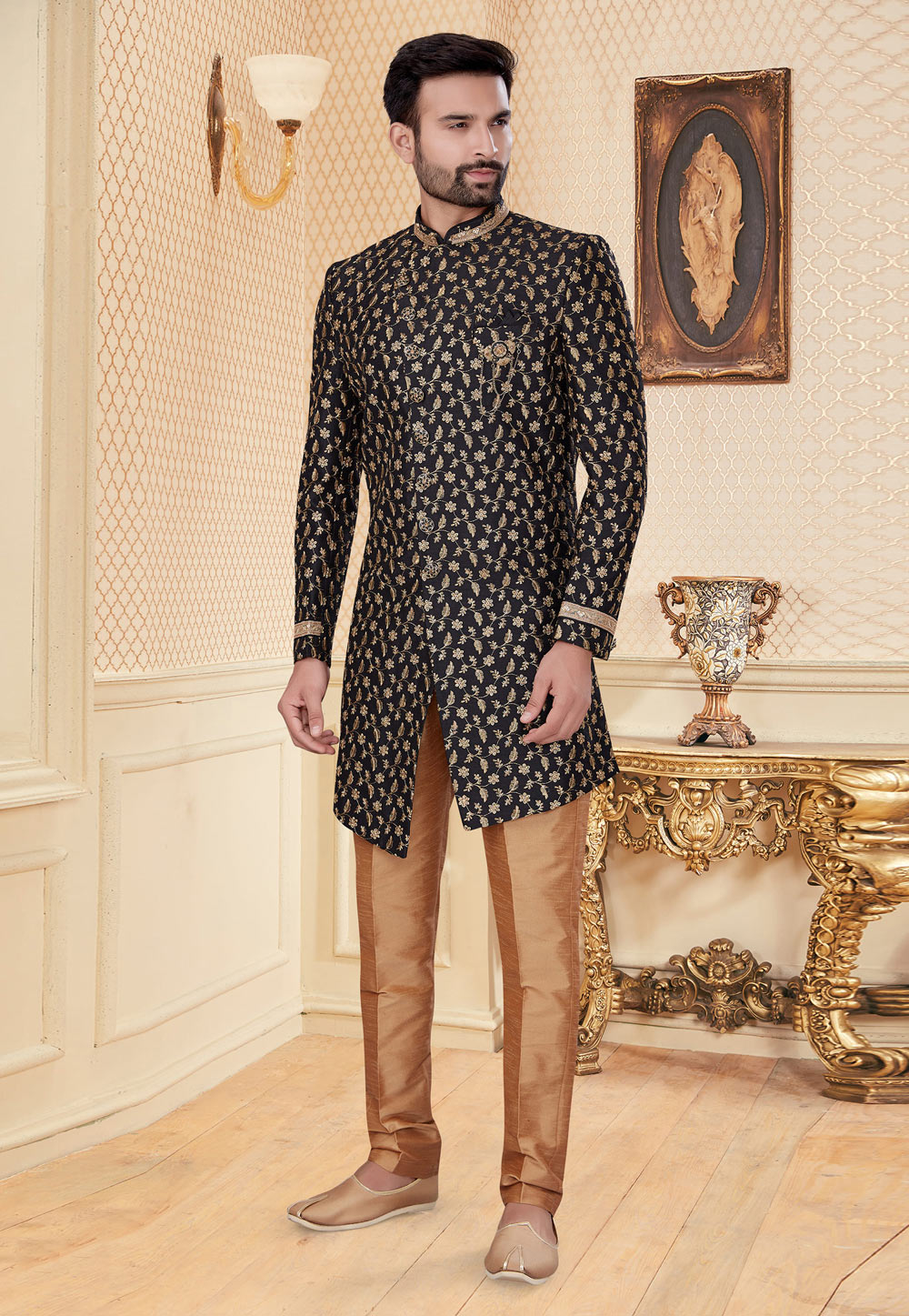 Black Jacquard Indo Western Suit 232038