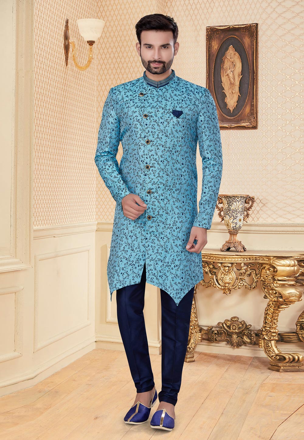 Sky Blue Jacquard Indo Western Suit 232045