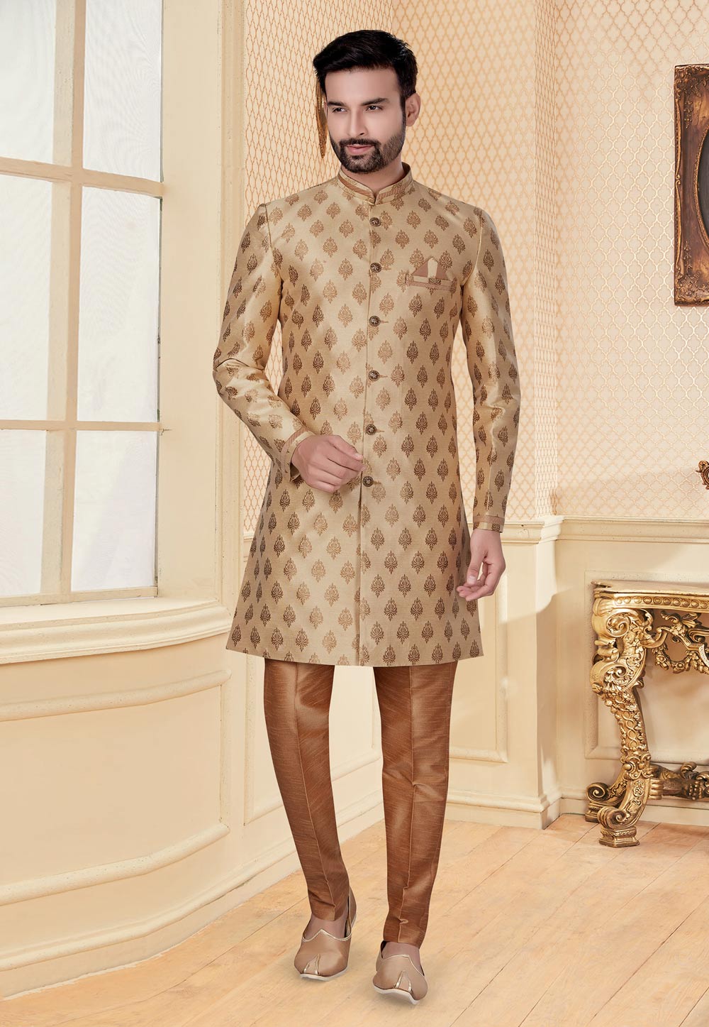 Golden Jacquard Indo Western Suit 232047