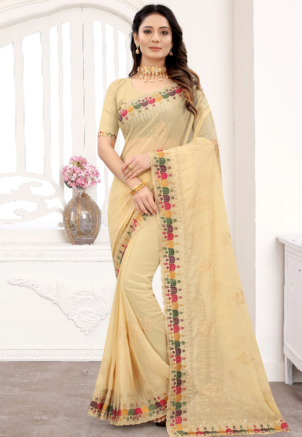 Beige Georgette Festival Wear Saree 240927