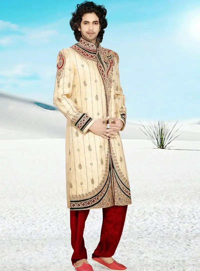 Cream Art Silk Indo Western Sherwani 47933