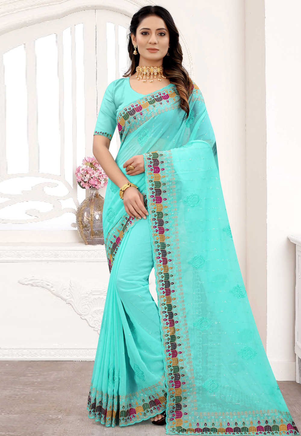 Aqua Georgette Saree With Blouse 240930