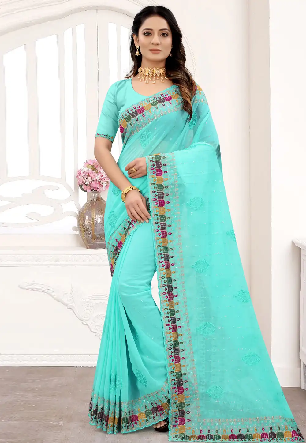 Aqua Georgette Saree With Blouse 240930