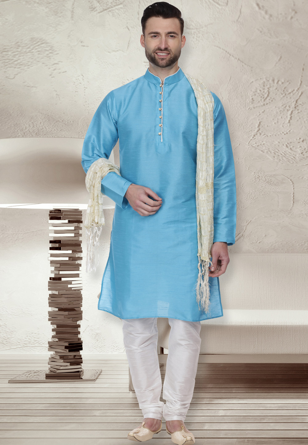 Aqua Dupion Silk Readymade Kurta Pajama 160977