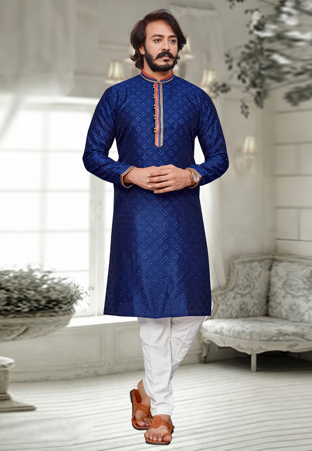 Navy Blue Jamevaram Vest Coat with Kurta Pajama D NO SK-112