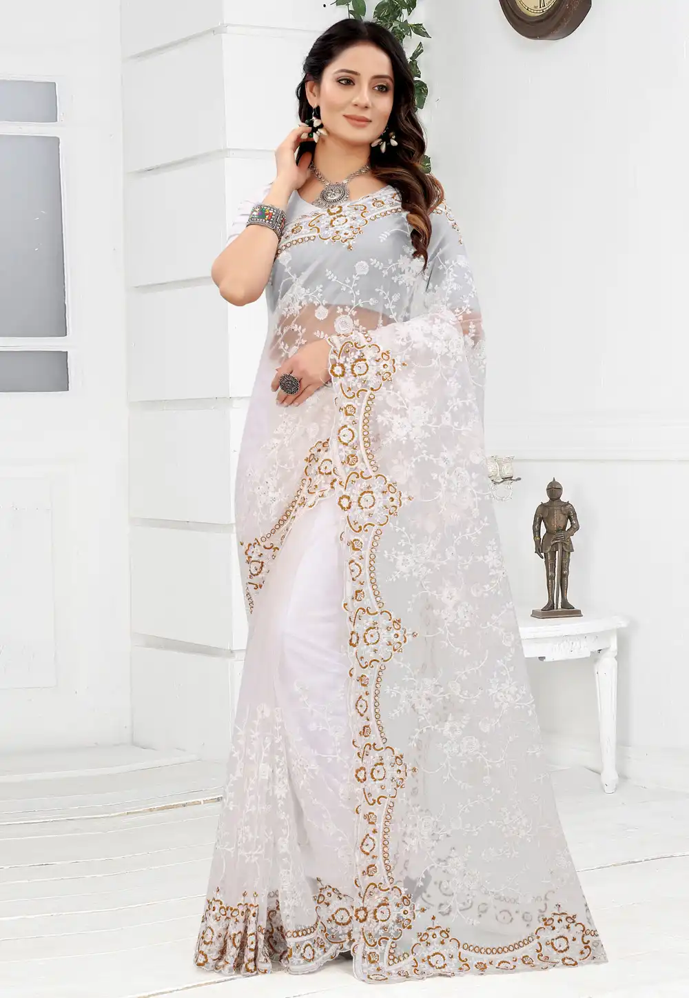 Off White Net Saree With Blouse 241017