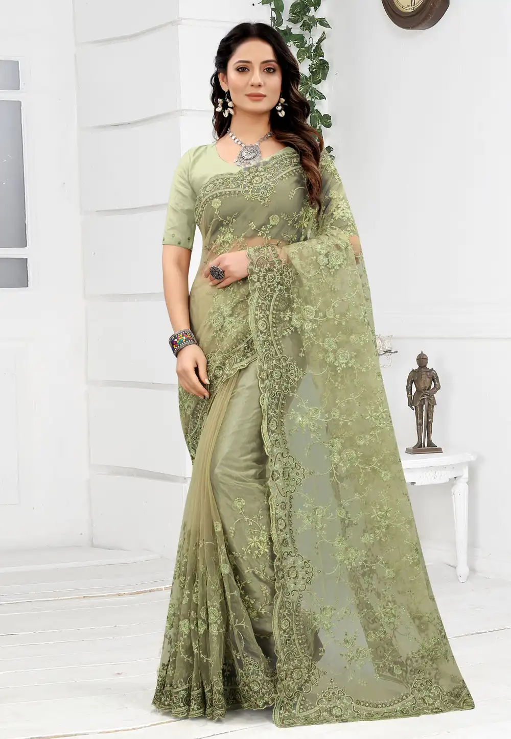 Light Green Net Saree With Blouse 241021
