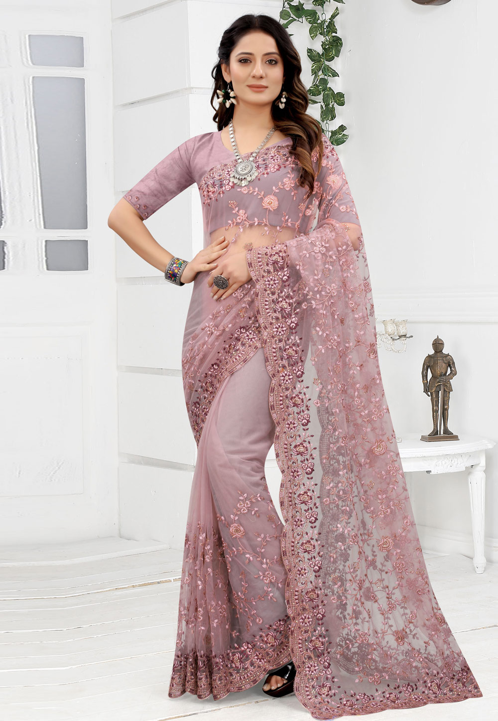 Pink Net Festival Wear Saree 241024