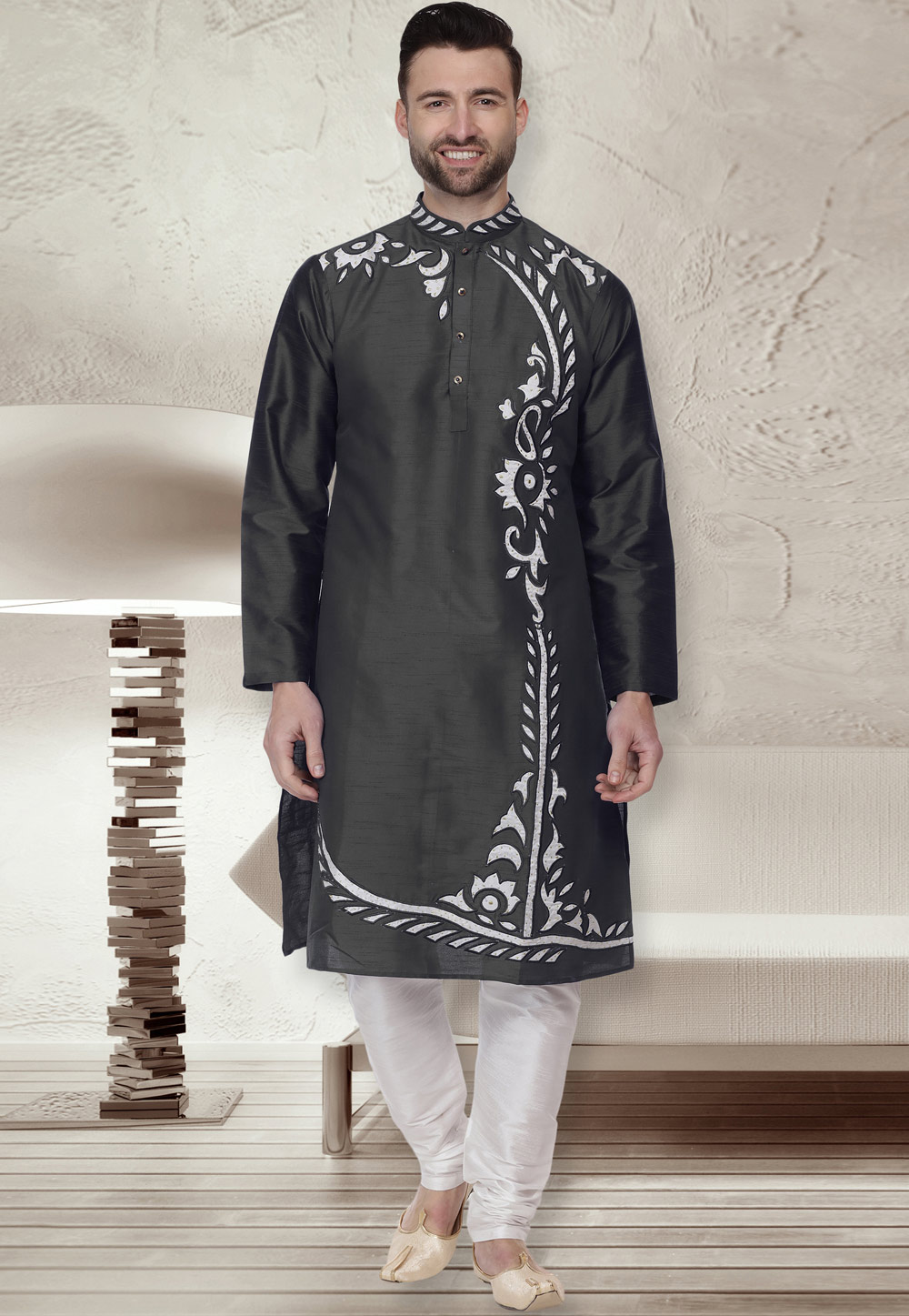 Black Dupion Silk Readymade Kurta Pajama 203909