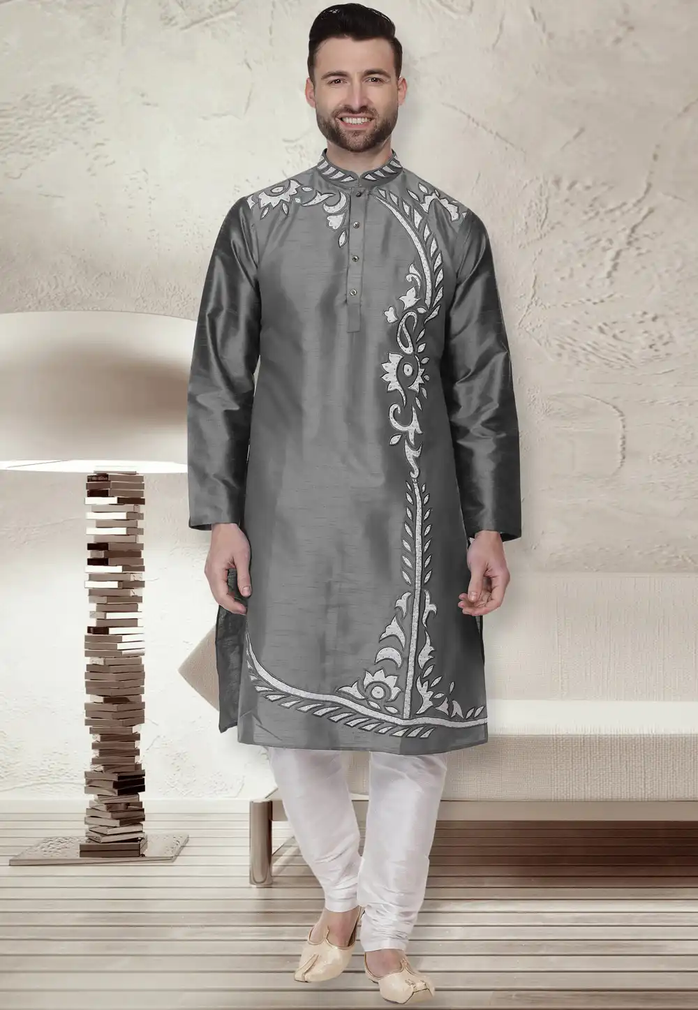 Grey Dupion Silk Readymade Kurta Pajama 203911