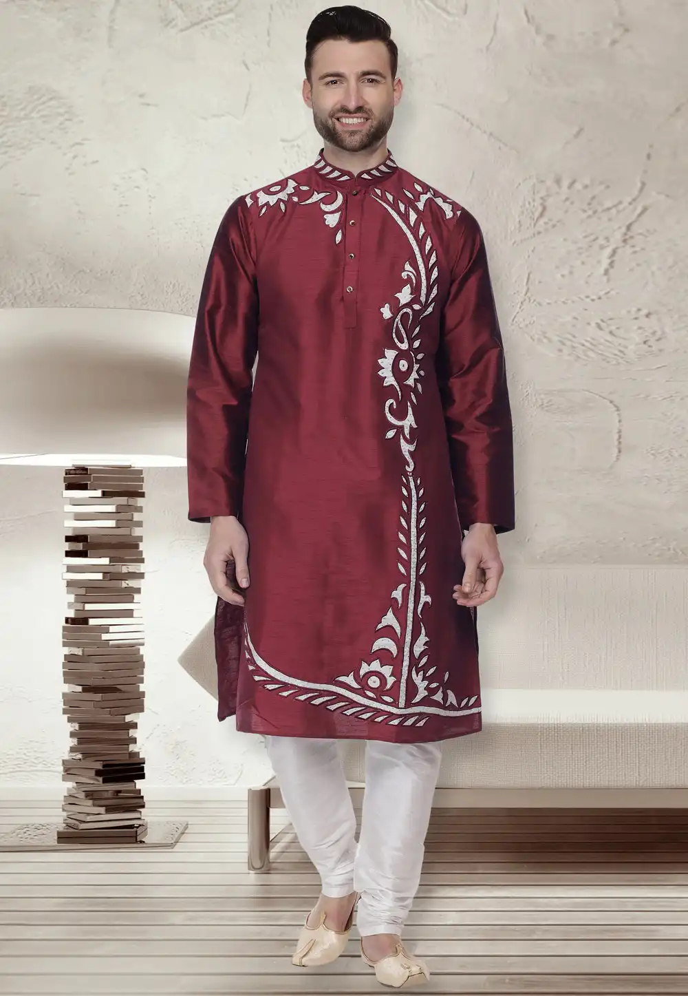Maroon Dupion Silk Readymade Kurta Pajama 203912