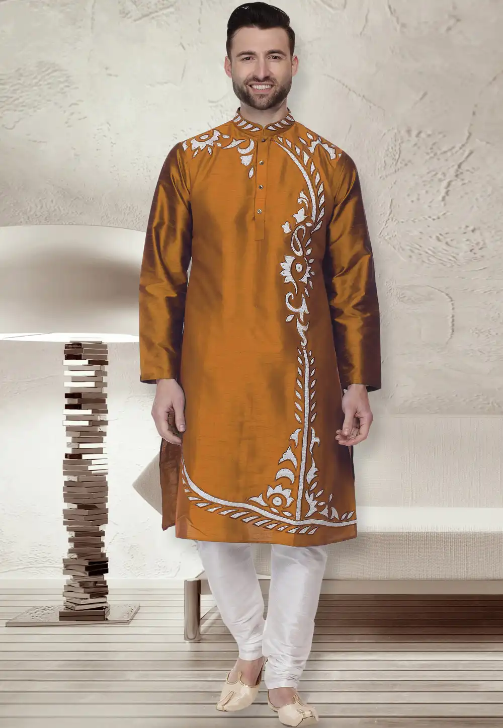 Mustard Dupion Silk Readymade Kurta Pajama 203913