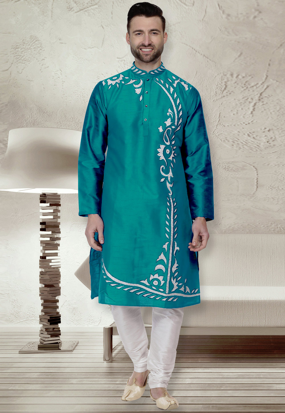 Teal Dupion Silk Readymade Kurta Pajama 203916