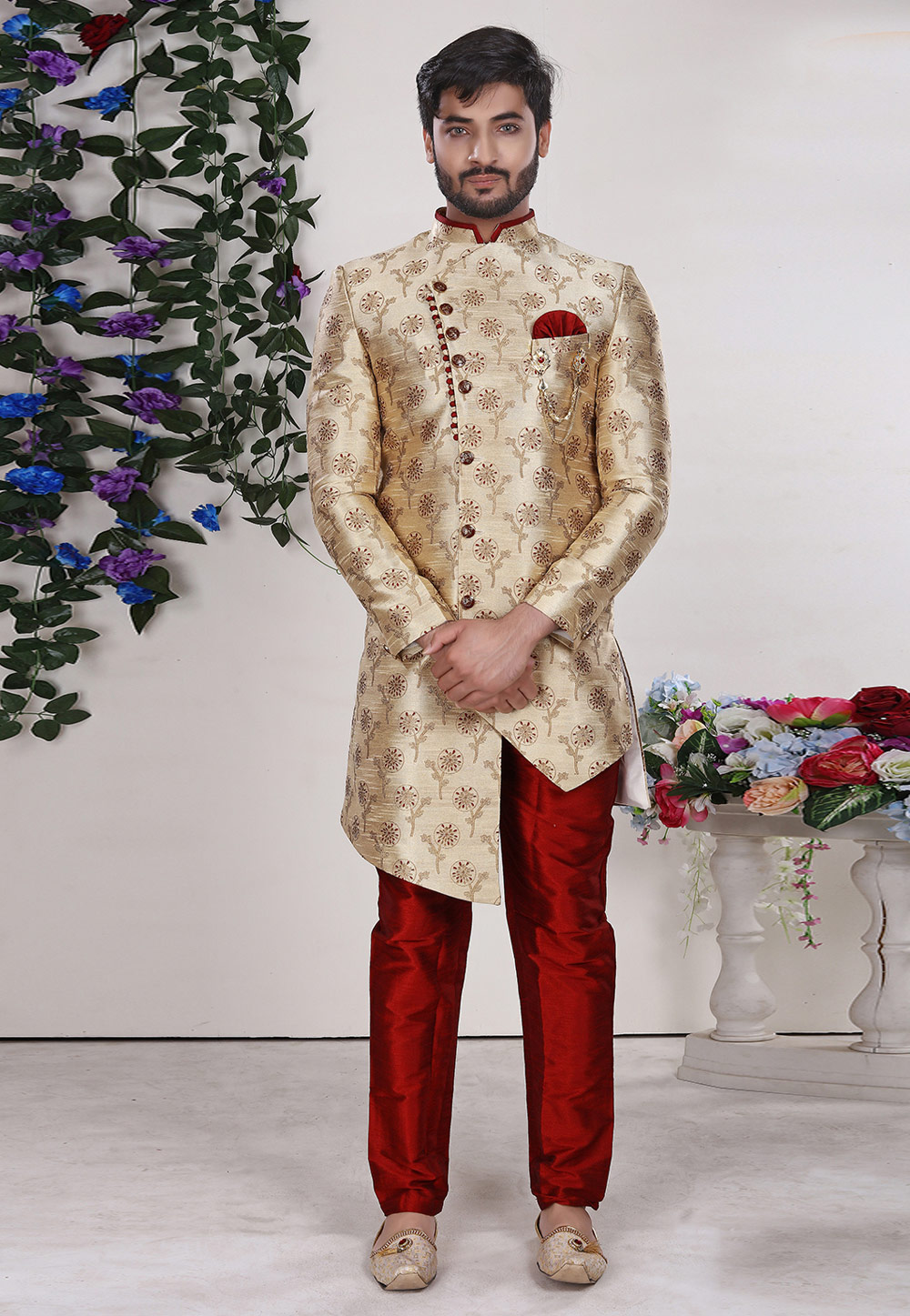 Cream Jacquard Indo Western Suit 225318