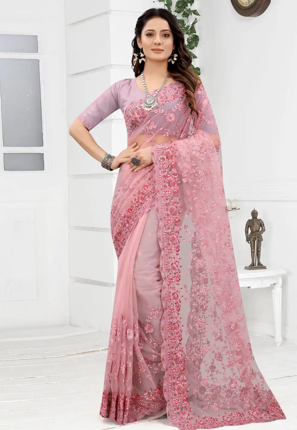 Pink Net Festival Wear Saree 241026